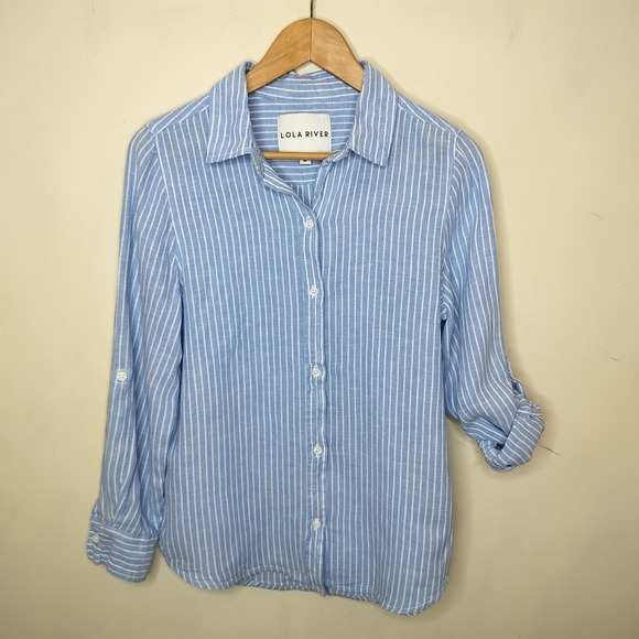 Lola River Button Up Shirt Blue White Stripe Linen Blend - Picture 4 of 10